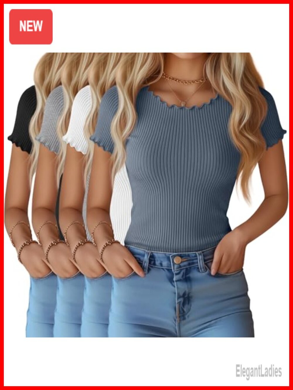 4 Pack Women's Lettuce Trim Cotton Short Sleeve Crew Neck Ribbed T-Shirts